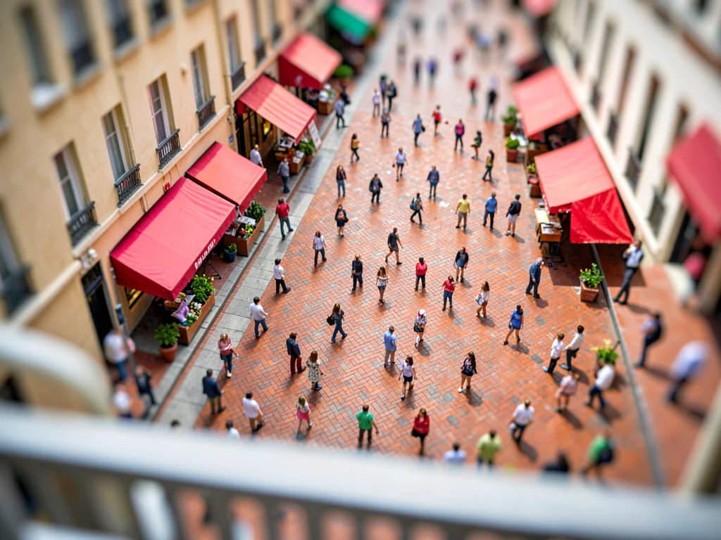 City-square tilt-shift photograph from an apartment balcony, saturated cherry aw