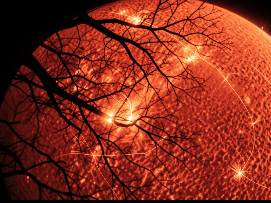 Autumn sun flare through bare tree branches, extreme lens artifacts, orange glow