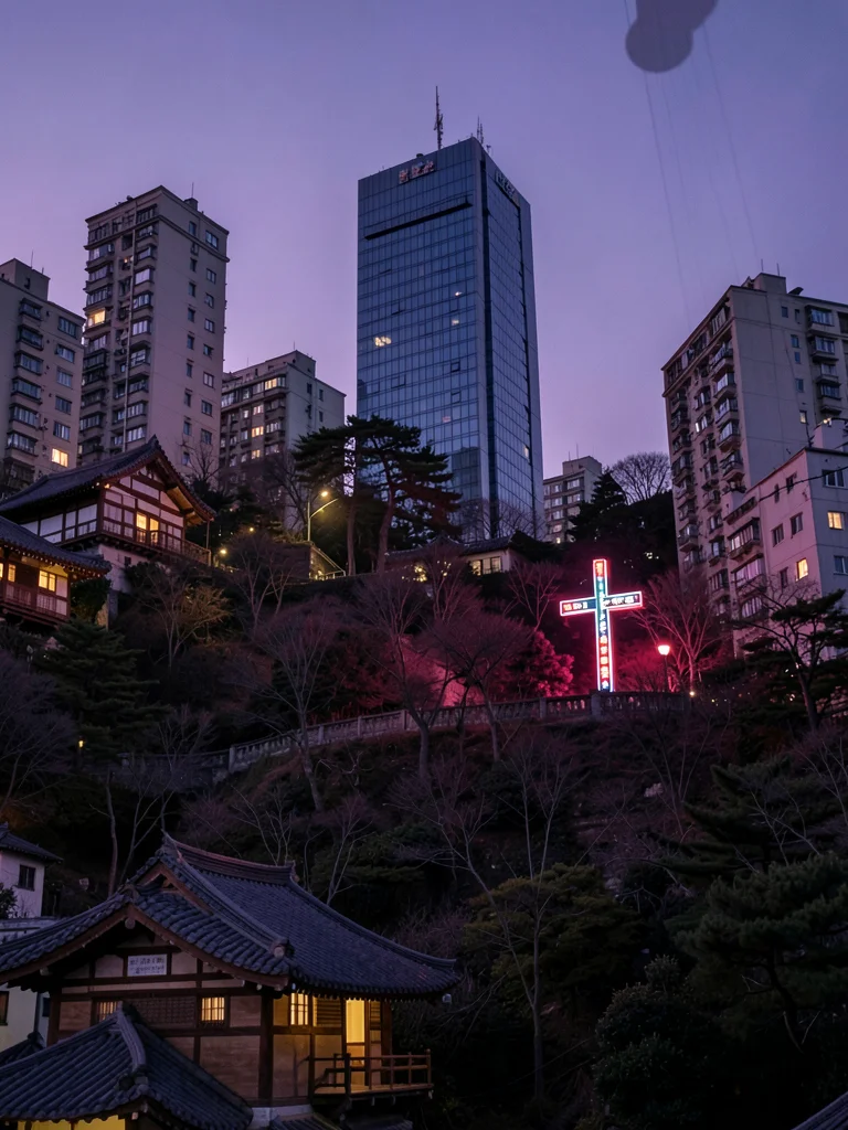 Neon church cross on hillside