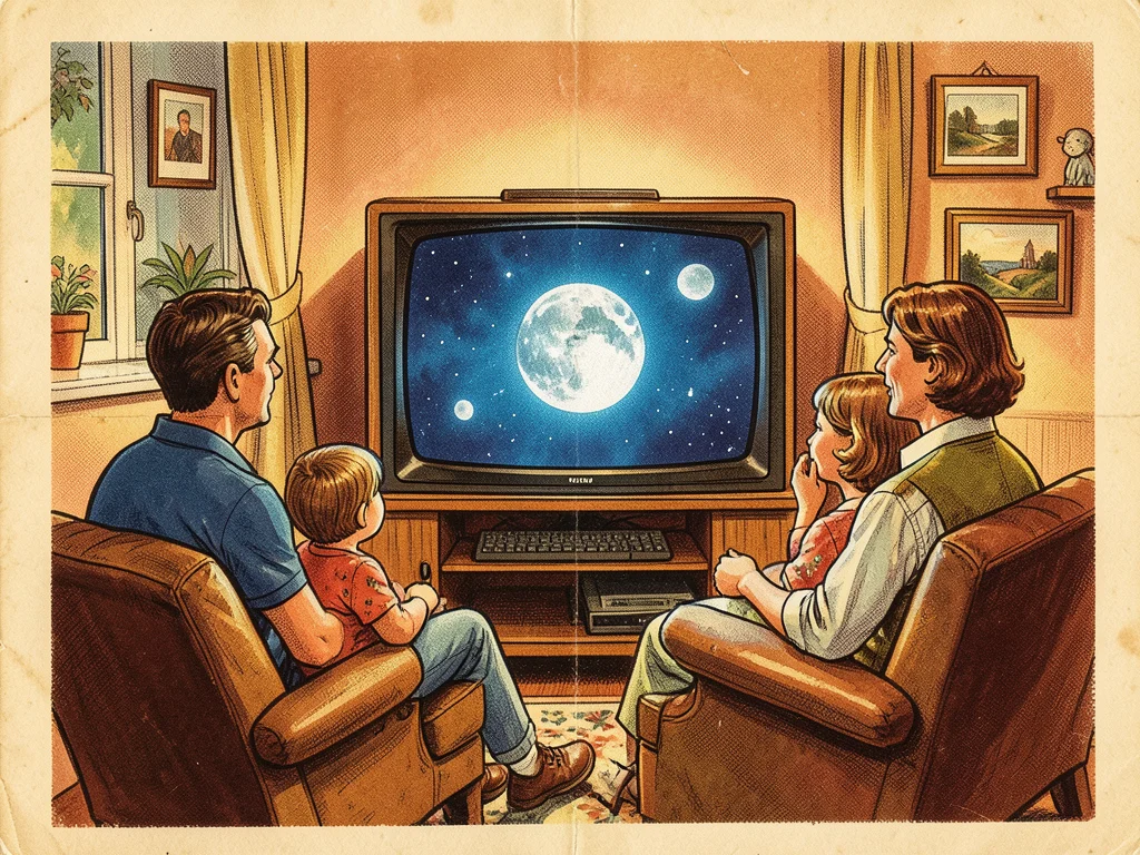A family gathered around a television watching the moon landing, the TV screen g