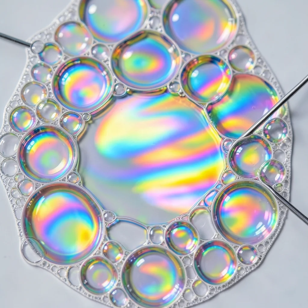 Cluster of soap bubbles, each sphere showing different interference colors based