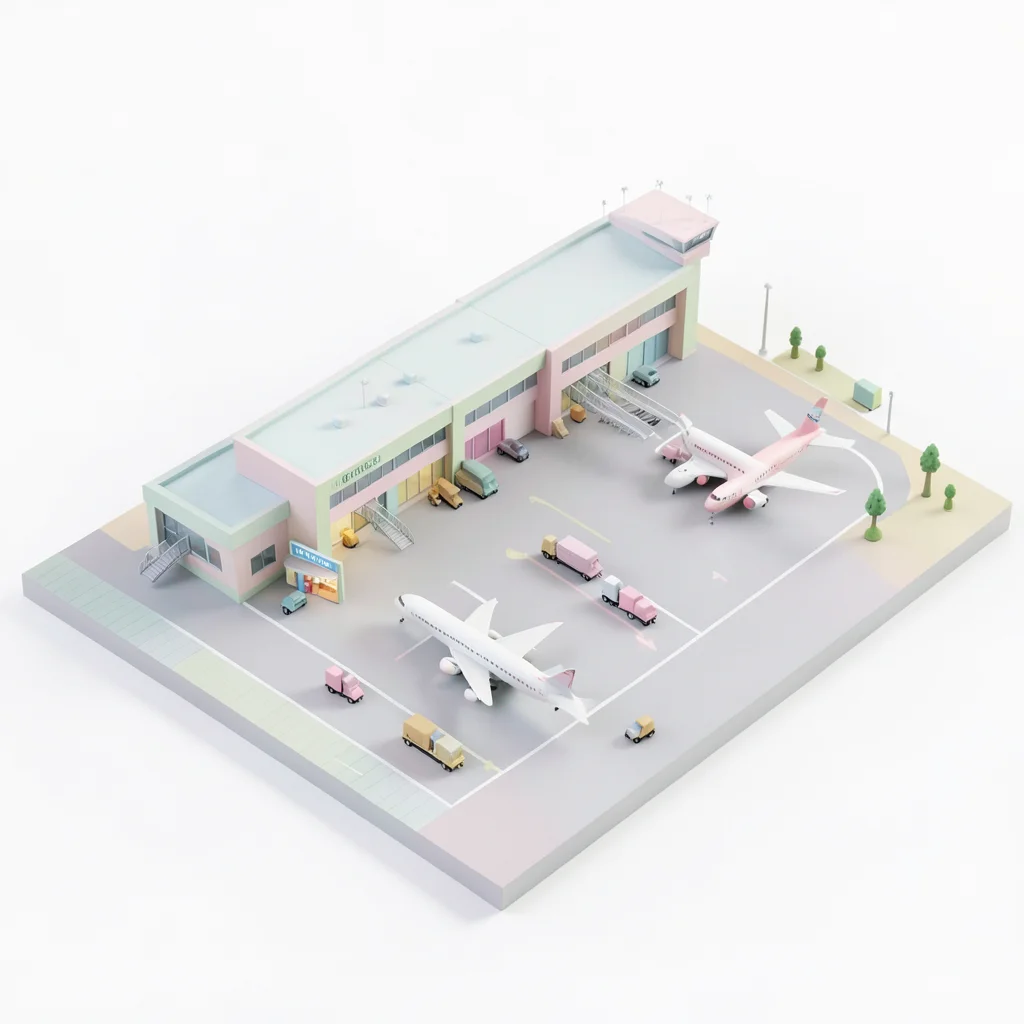 A miniature airport: terminal with gates, control tower, planes taxiing, baggage