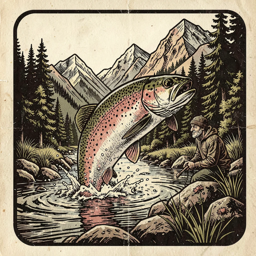 Craft beer label illustration, Trout leaping from mountain stream , brewery labe