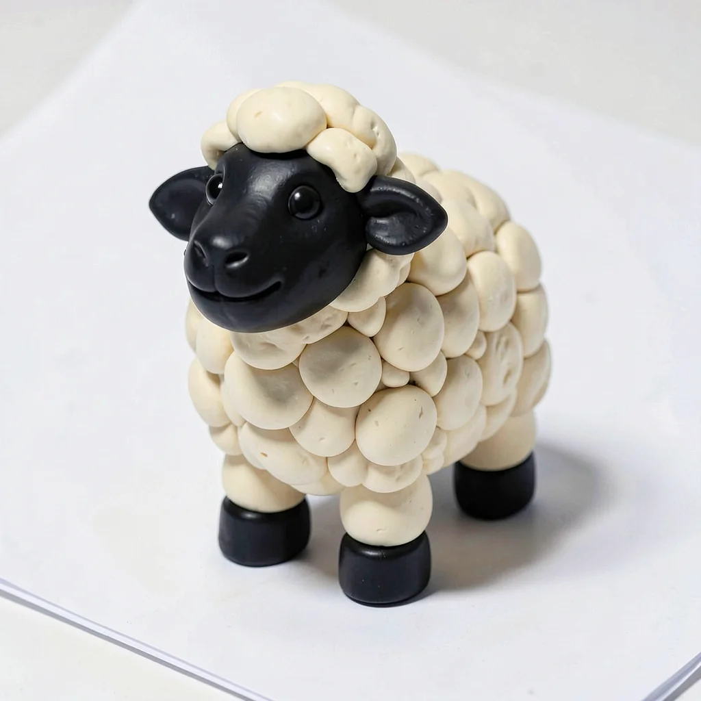 Fluffy chunky clay sheep in cream-white with chunky stubby legs, oversized round