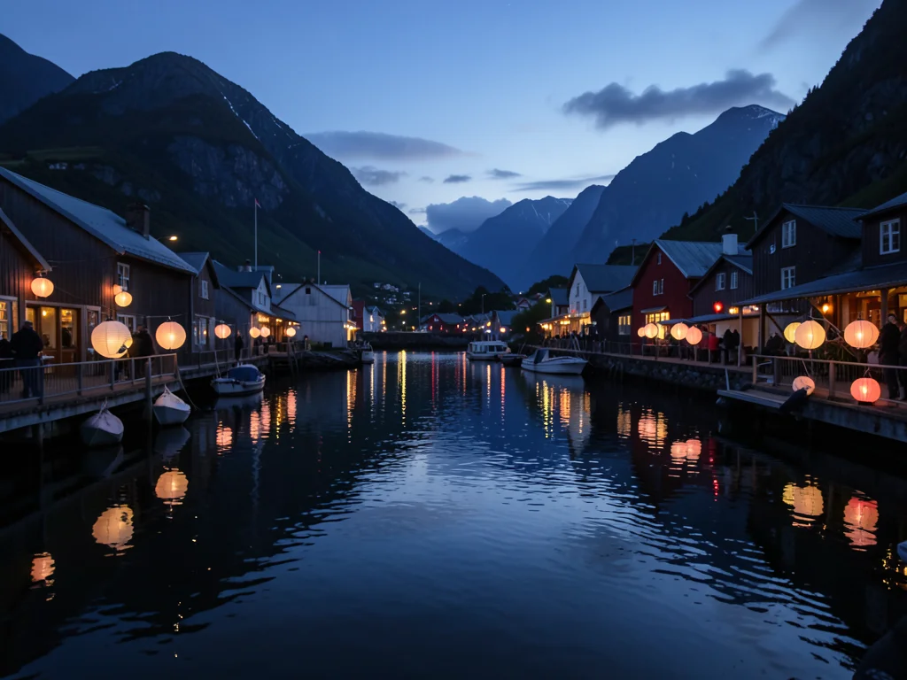Japanese paper lanterns in Norwegian fjord village, dusk, water reflections