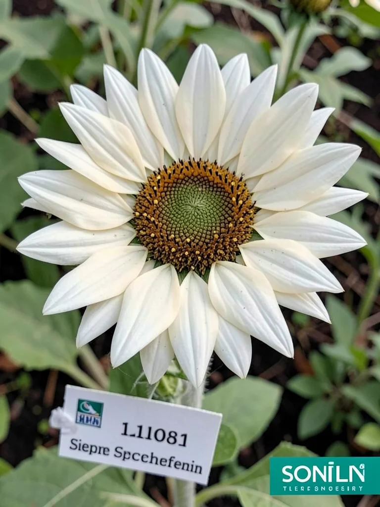 Albino sunflower mutation, ghostly white petals, scientific specimen tag attache