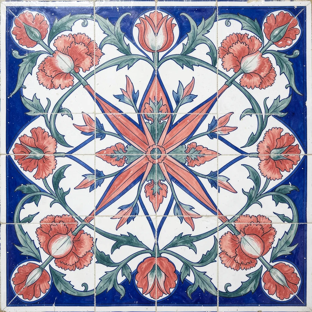 Large medallion tile — central starburst ringed by alternating tulip and carnati