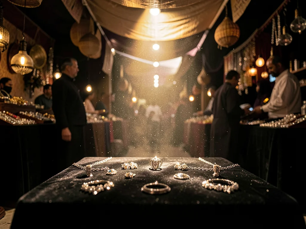 Silver jewelry displayed on dark velvet, single beam of light sparking reflectio