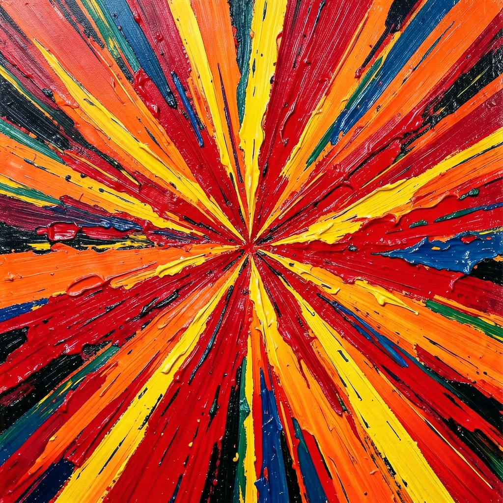 Explosion of warm reds, oranges, and yellows radiating from center, action paint