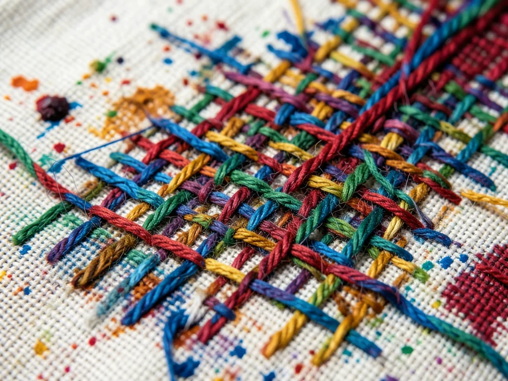 Canvas drop cloth with paint spatters, heavy cotton weave stained with accumulat