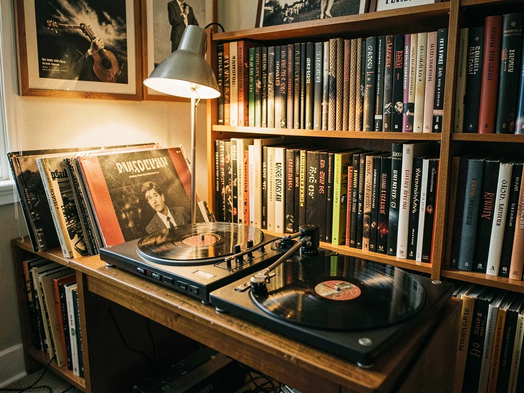 Album collection on shelves, spines visible, alphabetized obsession, decades of 