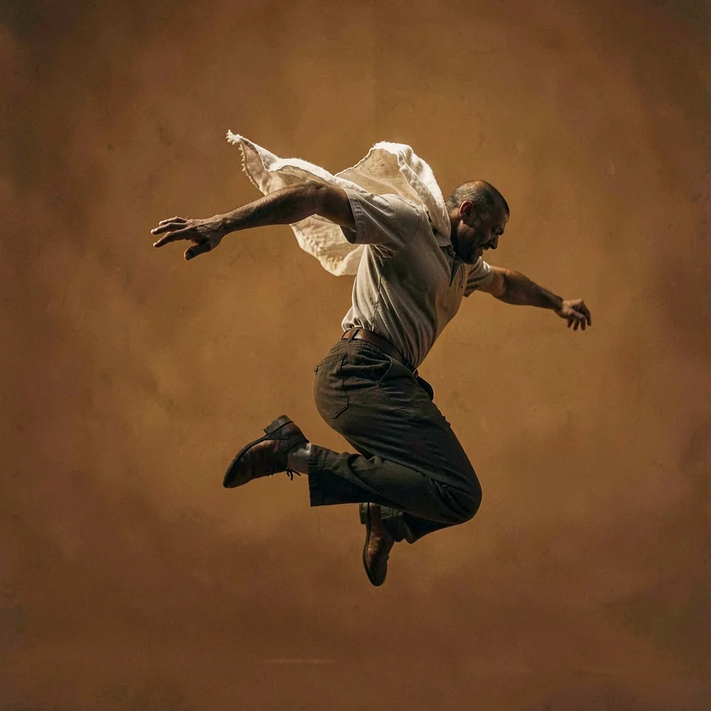 Vertical of a sky-cloaked figure mid-leap in front of a deep amber backdrop