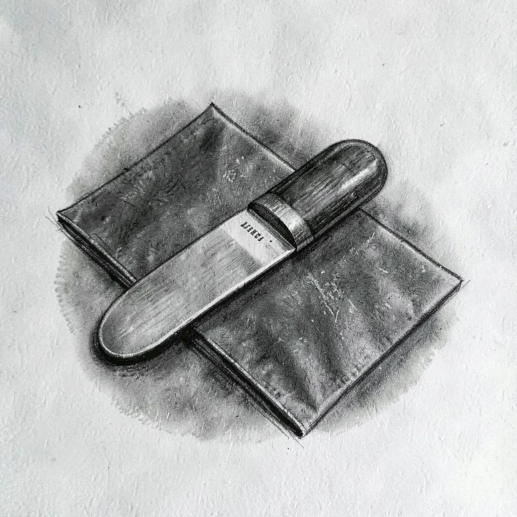 Charcoal study of a bone folder resting on a sharp valley fold, tonal halo softe
