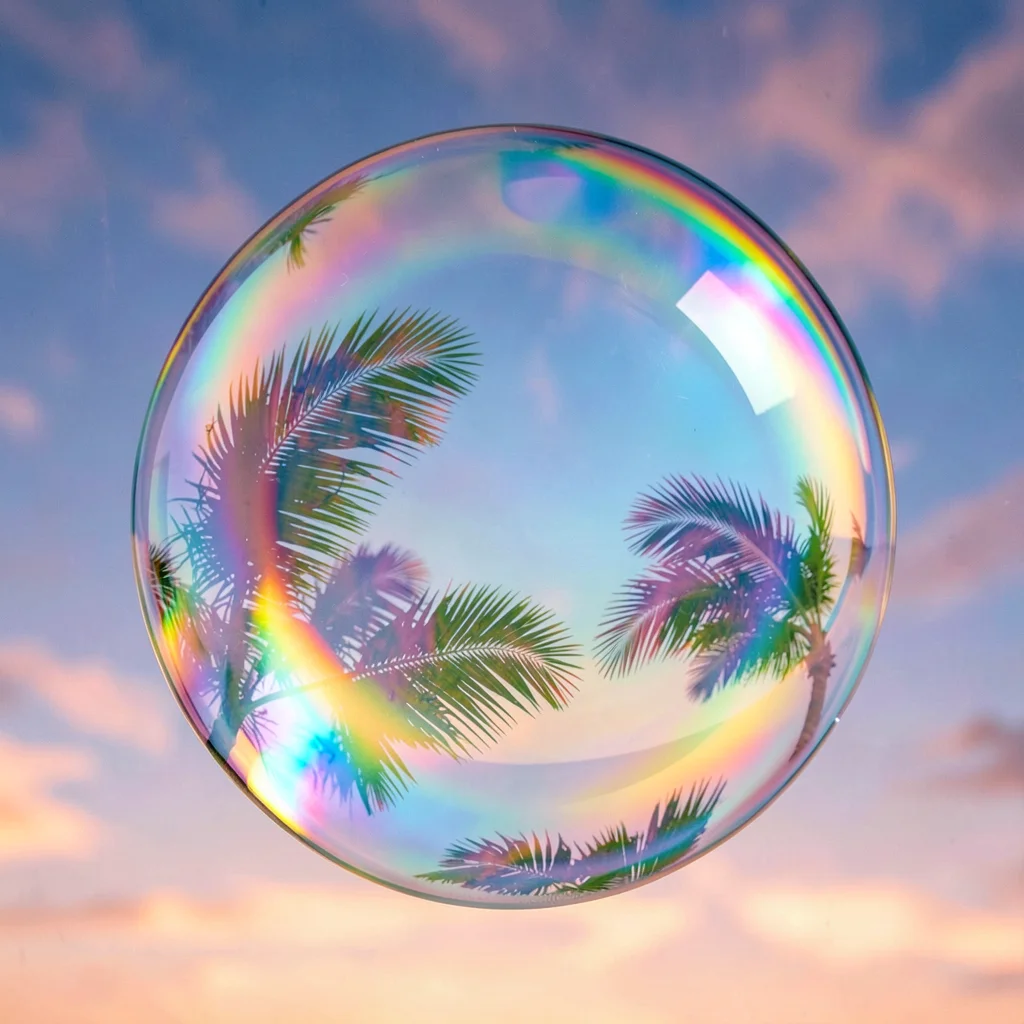 Single oversized glass orb refracting a tropical-sky gradient with palm-frond sh