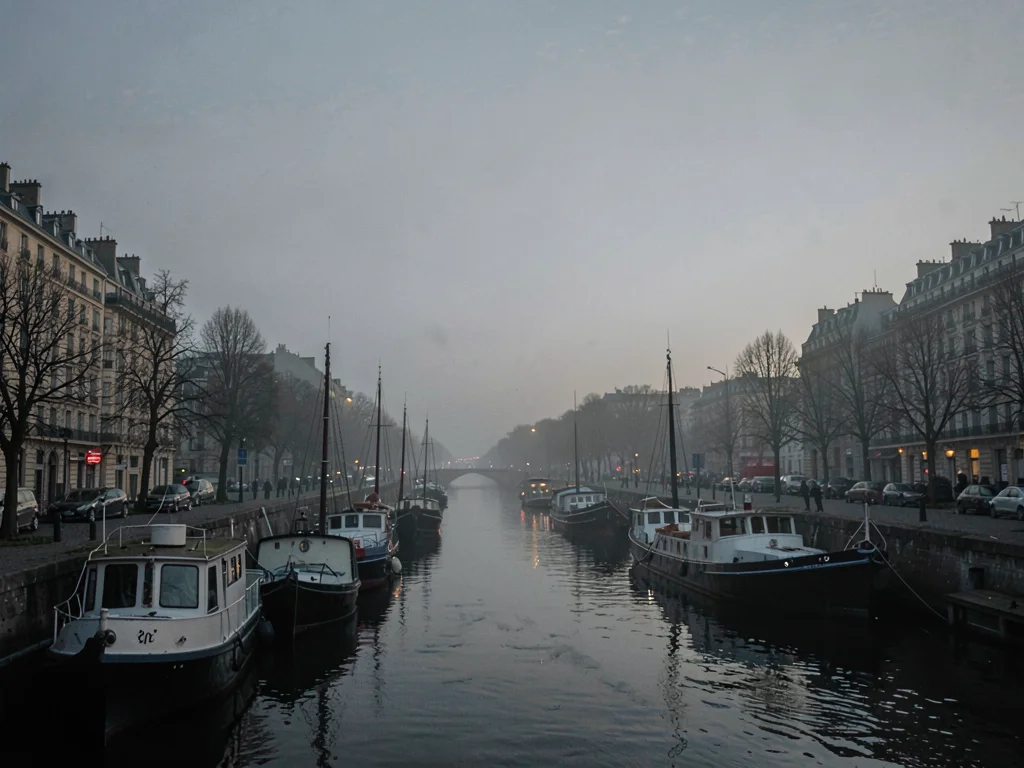 Moored boats as dark shapes in gray