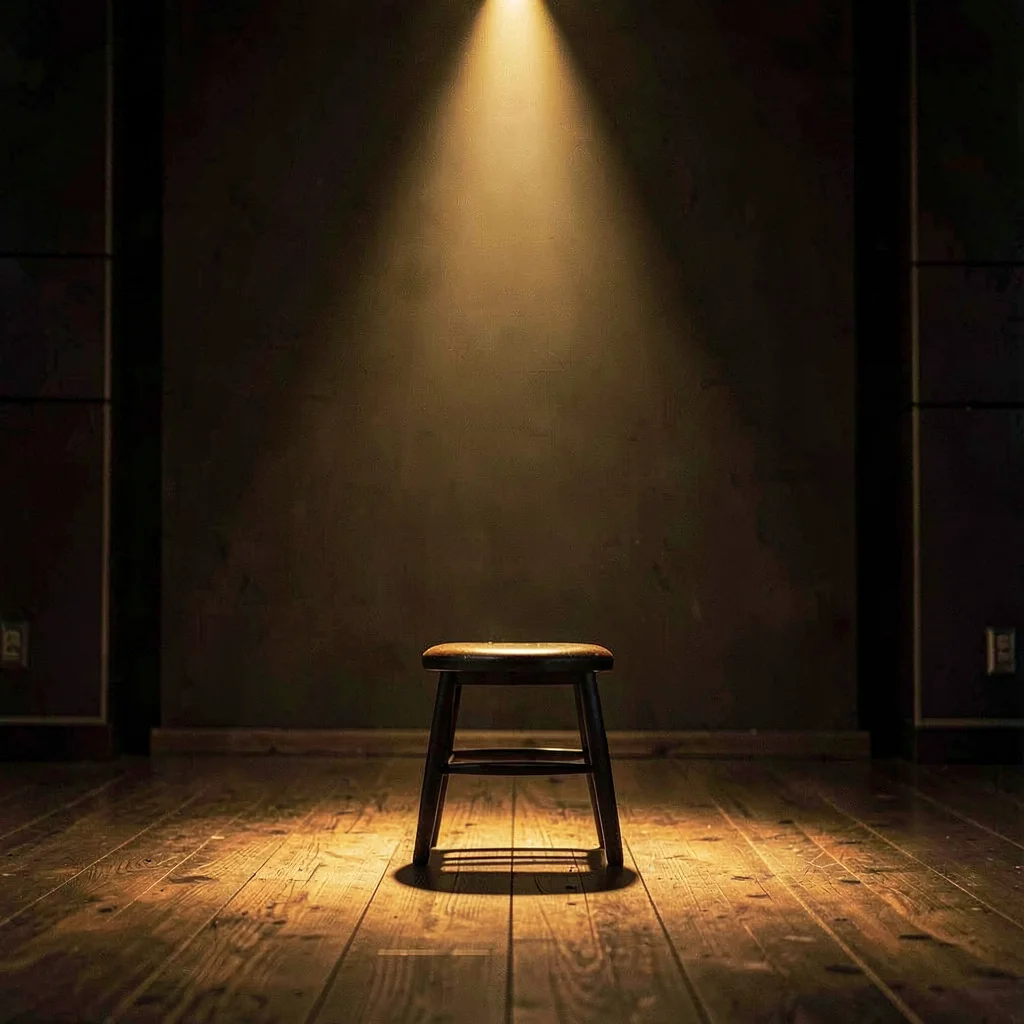 Cozy atmospheric photo of an empty pitch-night stage at low light, a single stoo