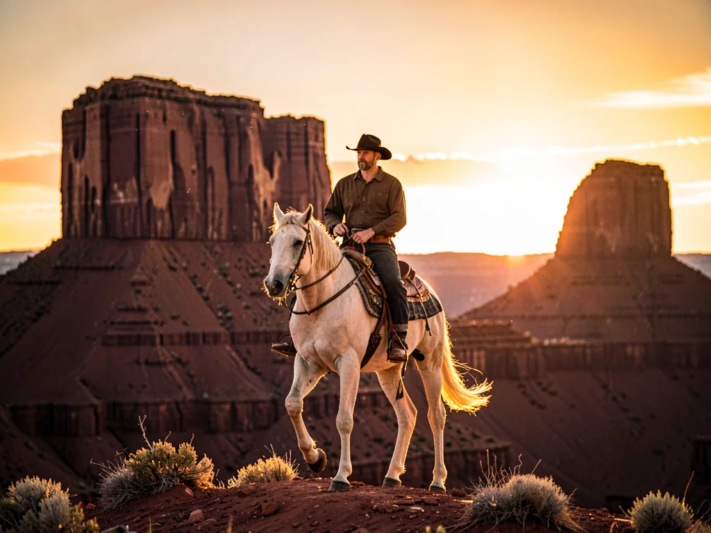 Cowboy on horseback on ridge at sunset, hat and horse and human all rim-lit gold