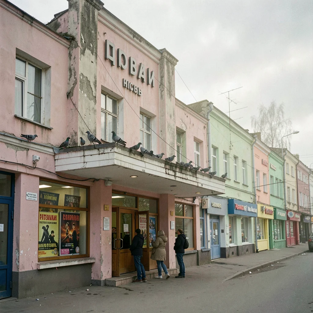 Post-Soviet urban photography, An old cinema building with Cyrillic lettering, t