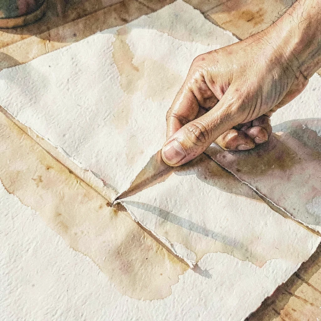 Warm gouache study of a hand tearing a sheet of heavy paper along a folded creas