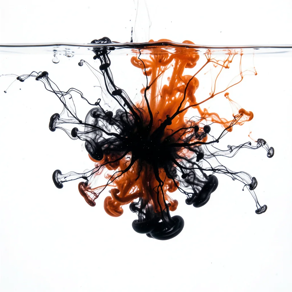 Black and orange ink blooming in water, swirling like witch's brew
