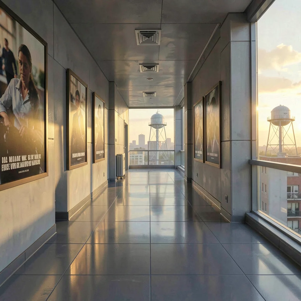 Long office hallway with framed film posters blurring into golden bokeh, polishe