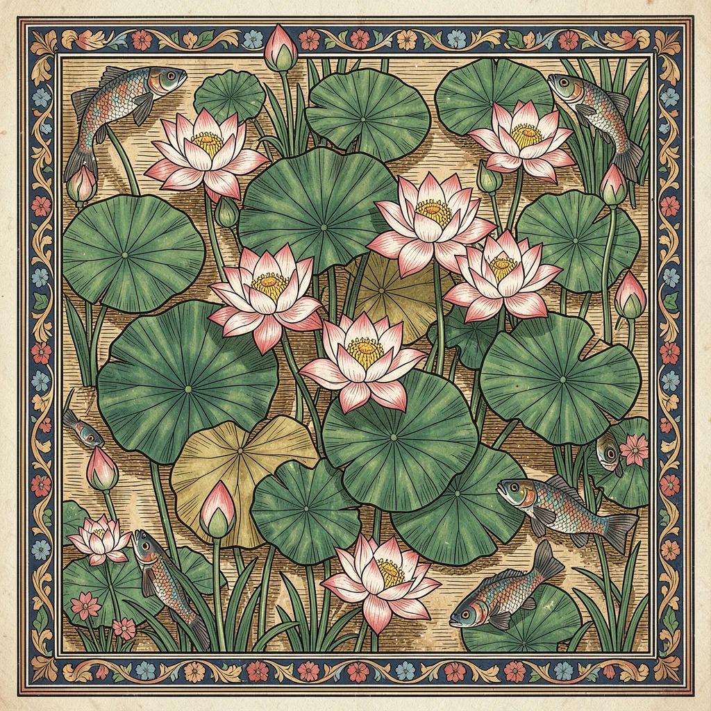 Lotus pond from above — open blooms, buds, and lily pads in dense arrangement