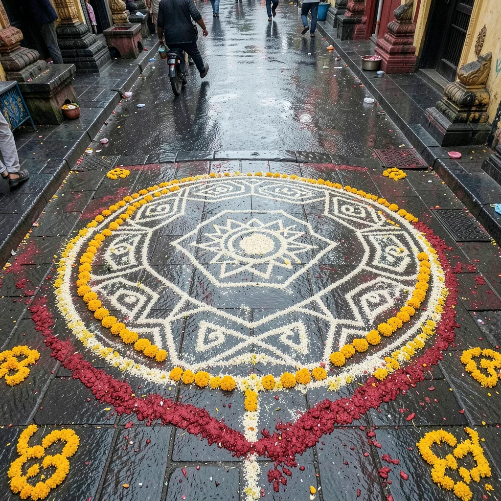 Looking down at Chennai's overlooked patterns, Fresh kolam surrounded by yesterd