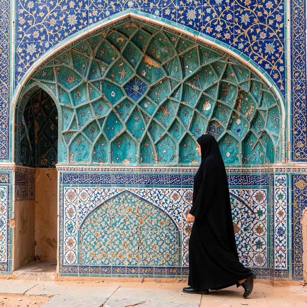 Isfahan Safavid tilework, turquoise geometric infinity, Woman in black chador wa