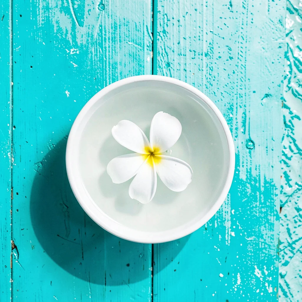 Expansive turquoise negative space, bleached whites, A single white frangipani f