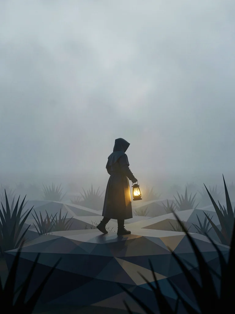 Solitary hooded figure carrying a glowing lantern across a faceted moor while he