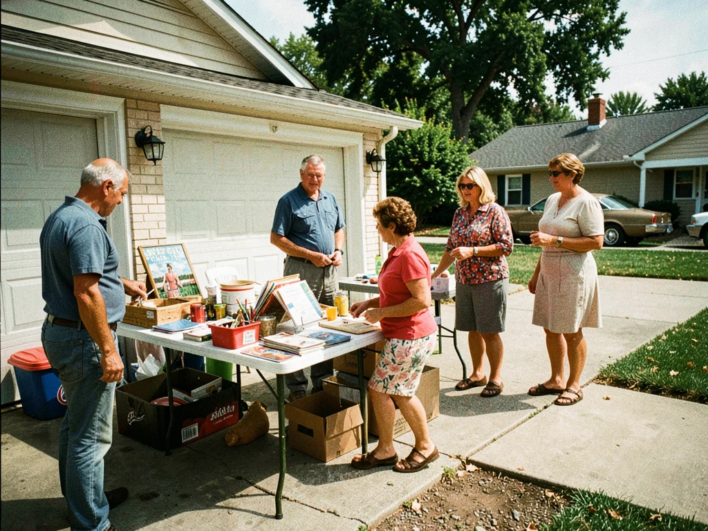 Garage sale in driveway, card tables of stuff, neighbors browsing, 1977 suburban