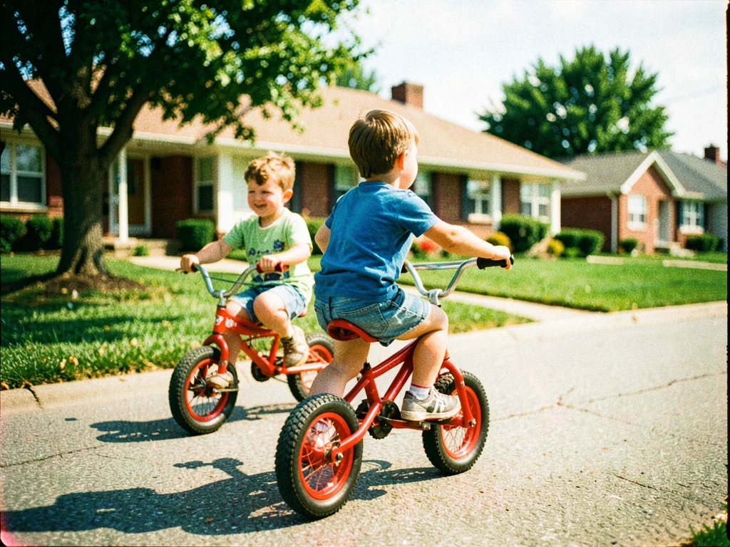 Kids on Big Wheels in cul-de-sac, houses soft focus behind, punchy greens satura