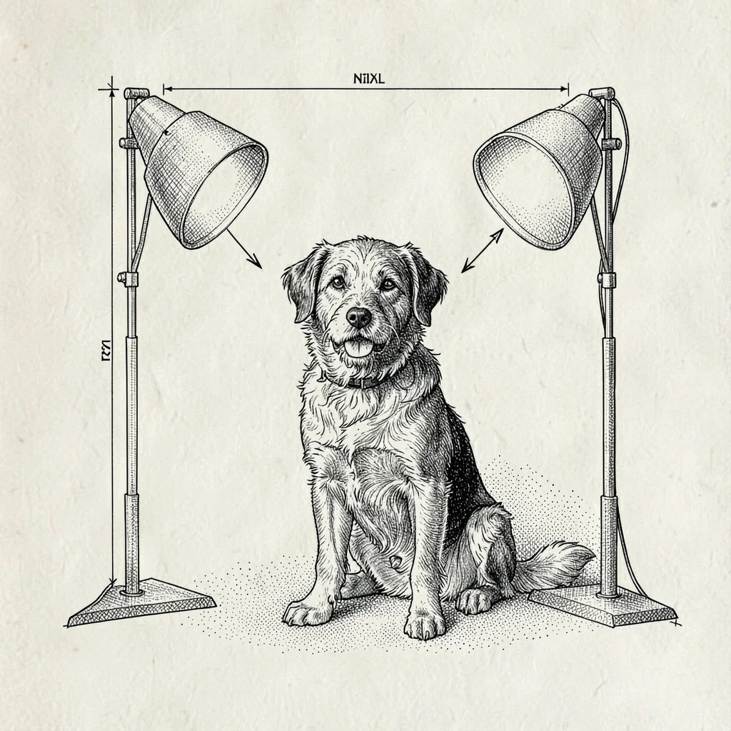 Pen-ink technical-style drawing of a three-light studio diagram with a dog as th