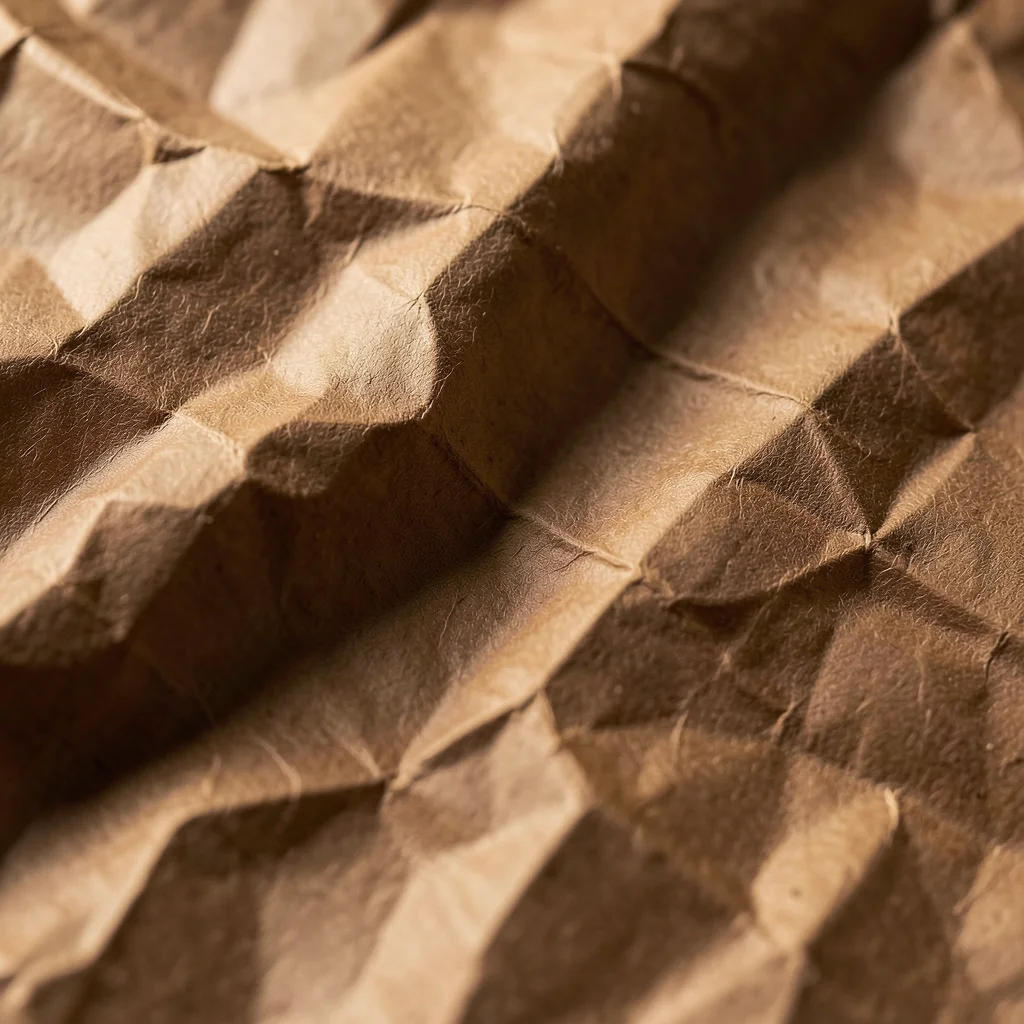 Crumpled kraft paper texture, warm brown, overhead even lighting