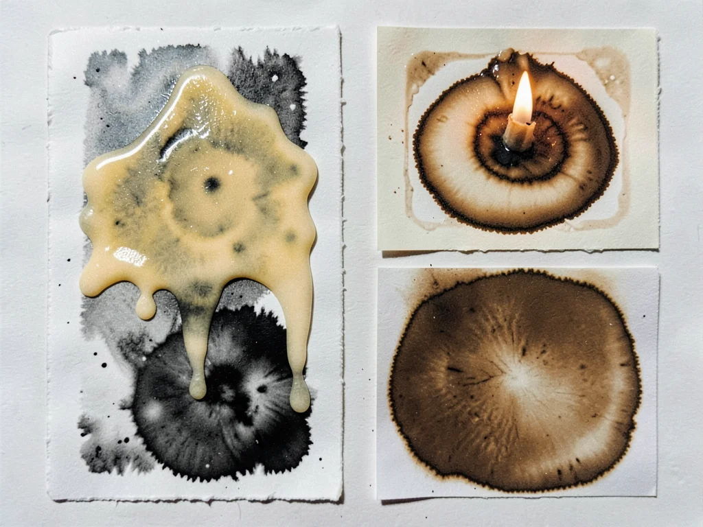 A chemigram with wax resist — candle-wax dragged across paper, chemical zones is