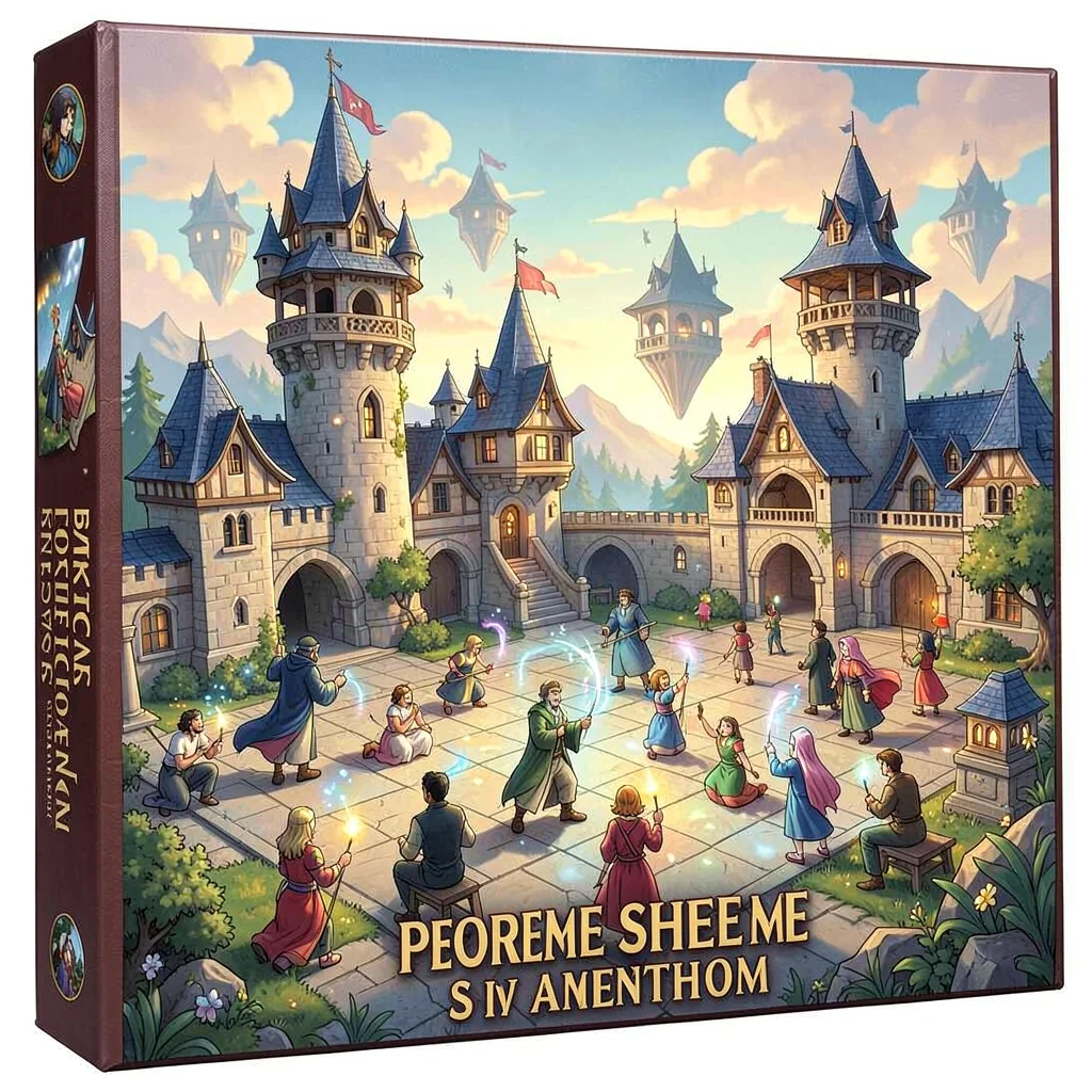 Board game box illustration, a wizard academy with floating towers, students pra