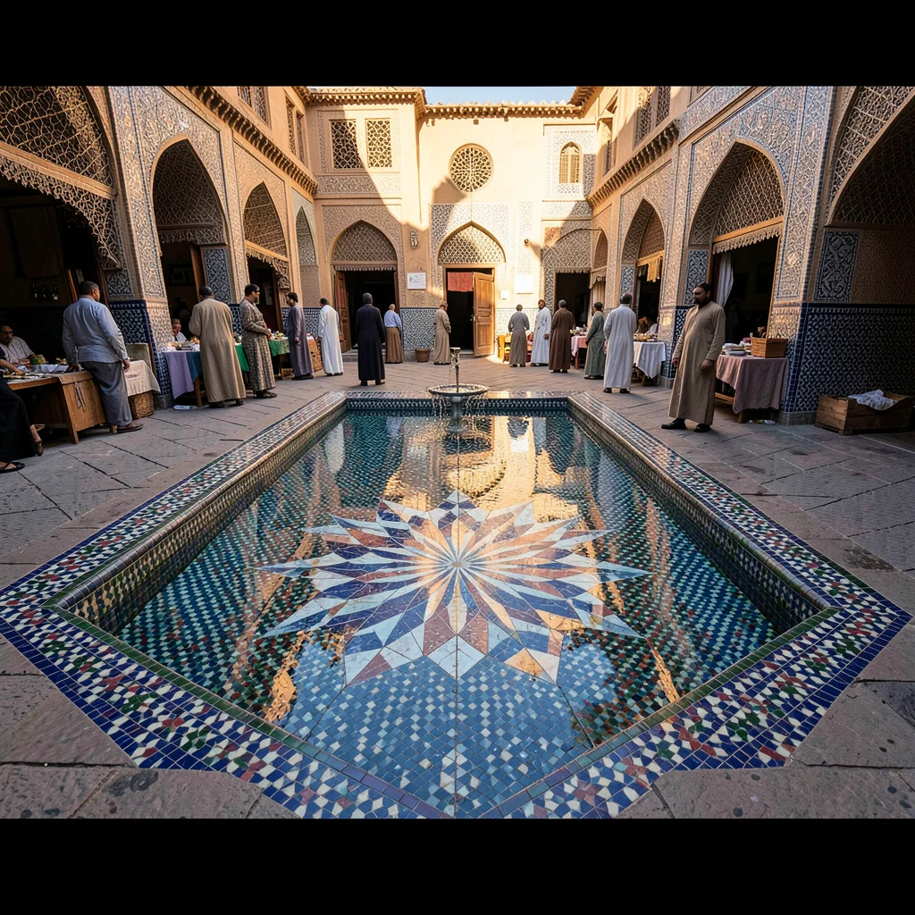 Geometric shadow play in Marrakech medina, fountain basin reflecting eight-point