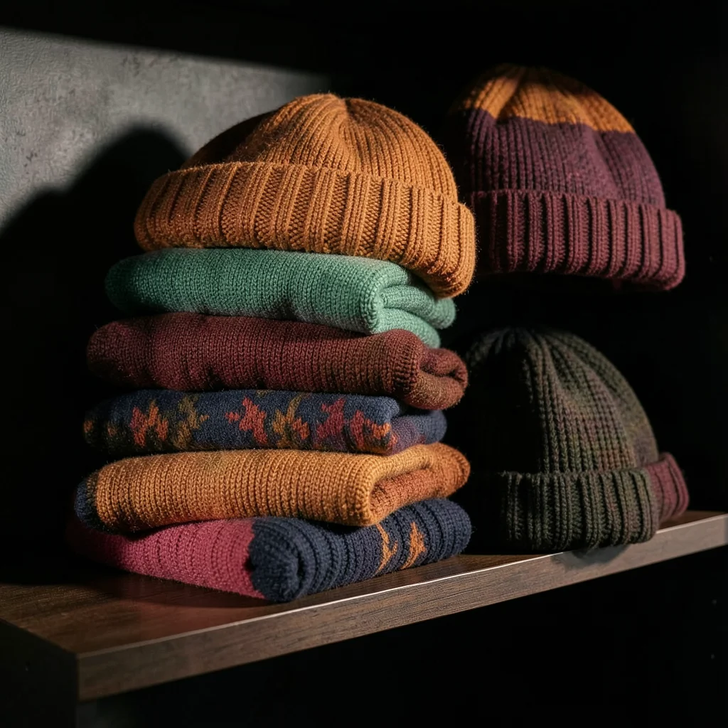 Stack of colorful knit beanies on a shelf, cozy autumn accessories