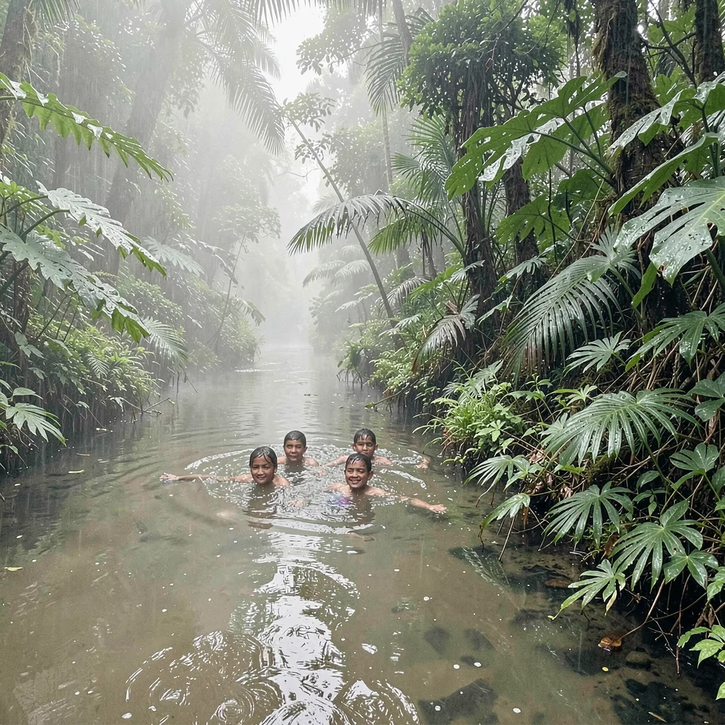 Tropical rainforest photograph, humid jungle atmosphere, Children swimming in a 