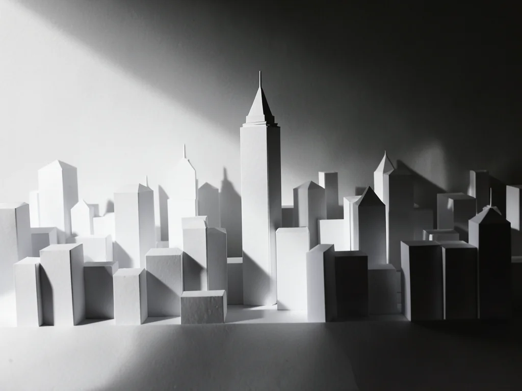 City skyline made of folded white paper, dramatic side lighting casting shadows
