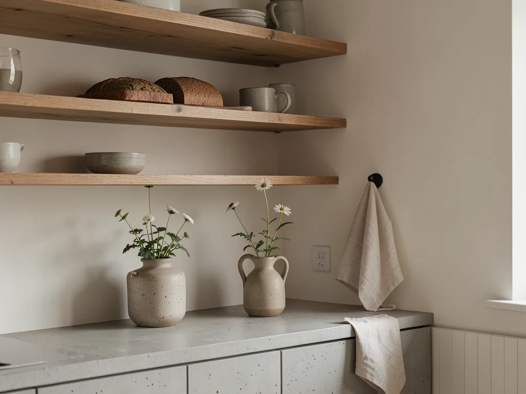 Minimalist Irish farmhouse kitchen, open shelving with brown bread on a board, a