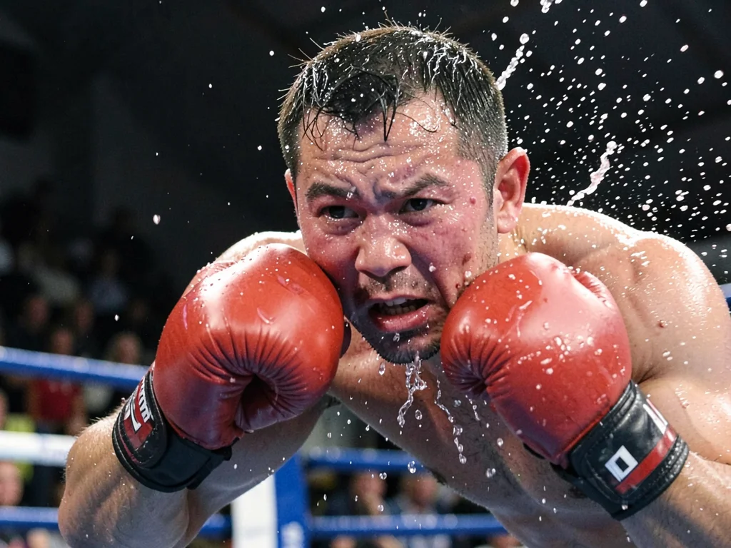 The moment of impact in a boxing match, the punched face mid-deformation, sweat 