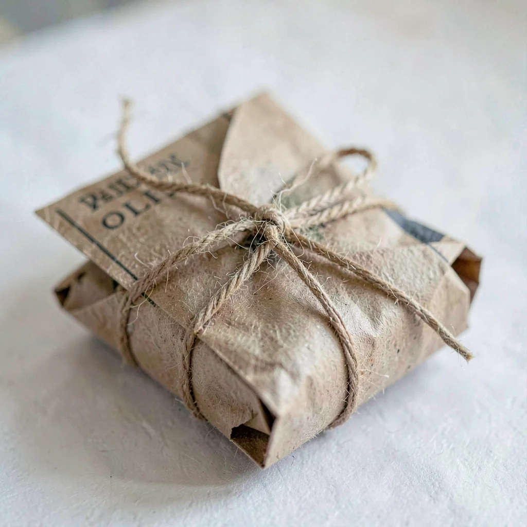 Folded brown craft paper formed into a tied newspaper bundle, soft fiber close-u