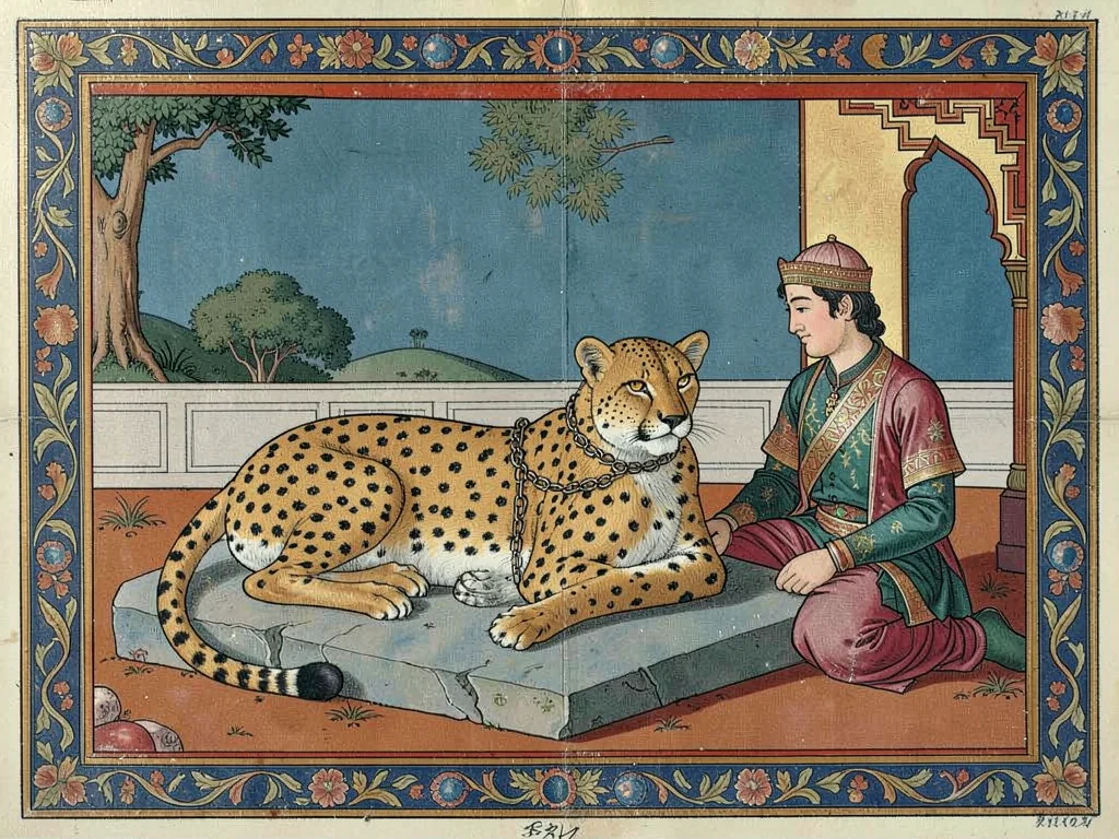 Cheetah resting on a flat stone with a chain collar, a handler seated nearby