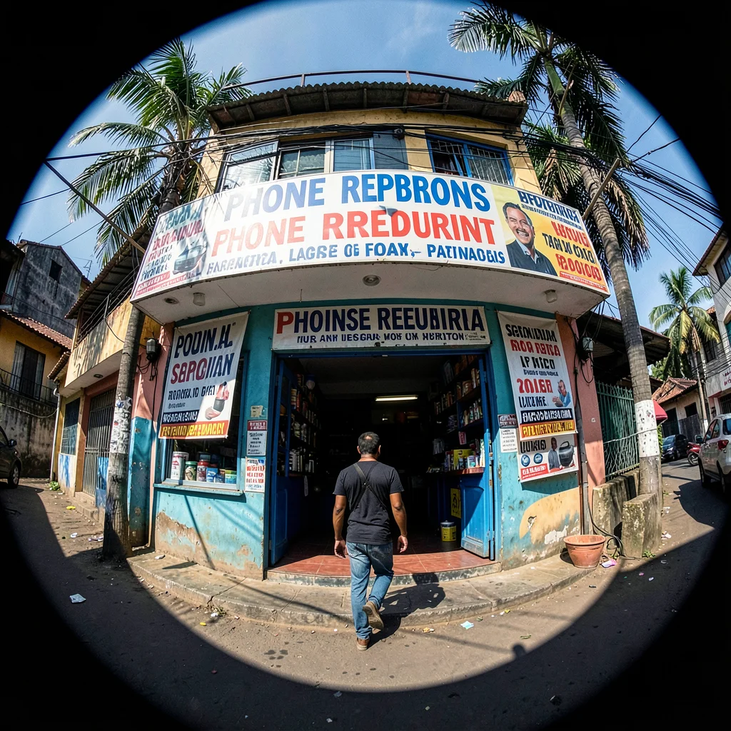 Harsh equatorial noon light casting deep shadows, Painted shop front with hand-l