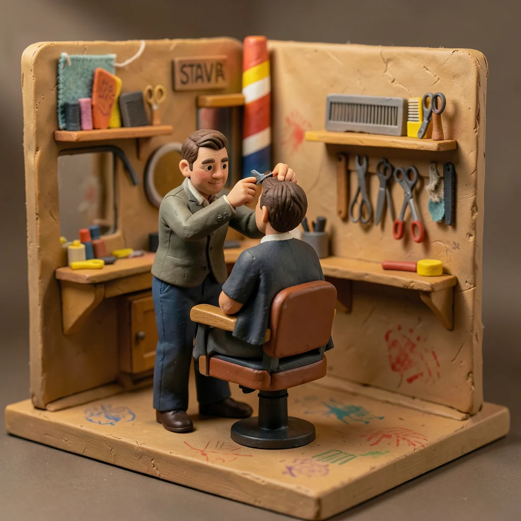 A clay barbershop: a barber trimming a customer's hair, a striped pole, tiny com