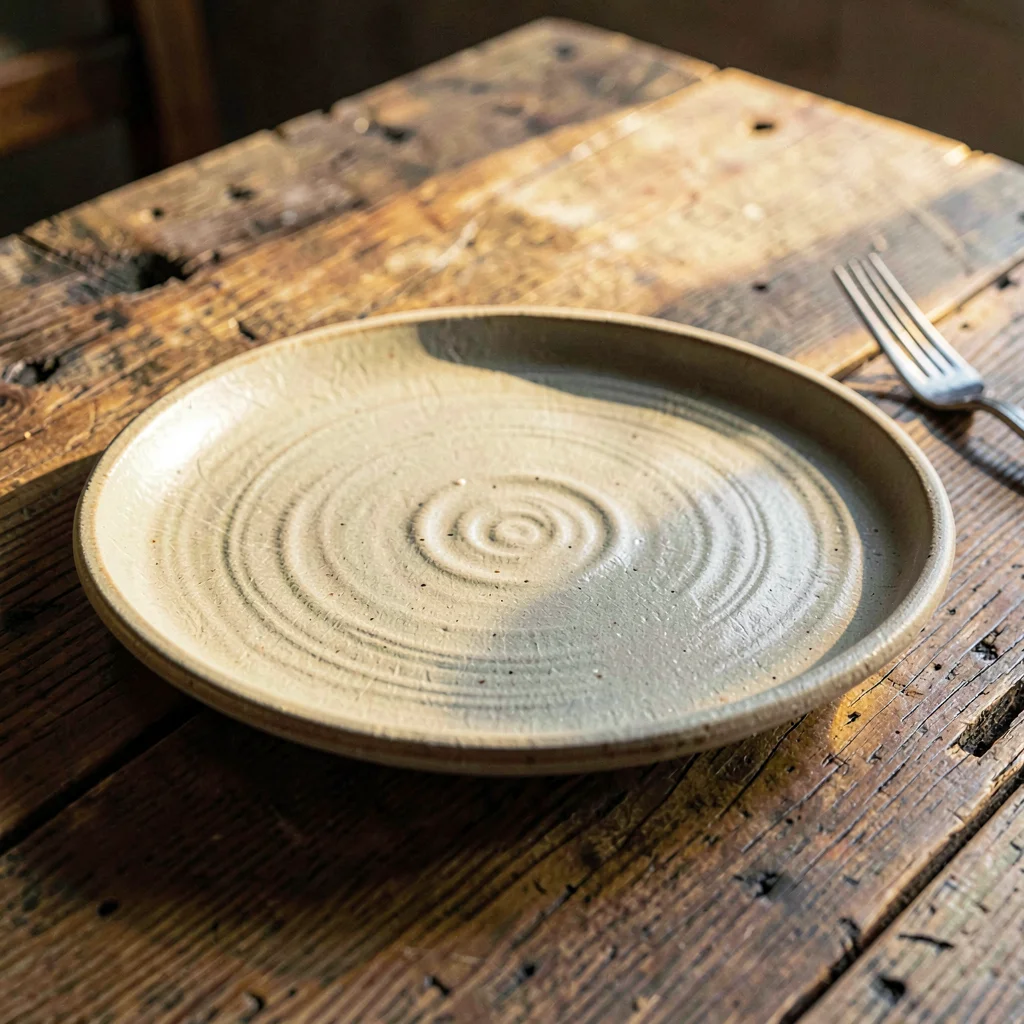 Warm hero of a handmade stoneware dinner plate on a worn oak table, fine throwin