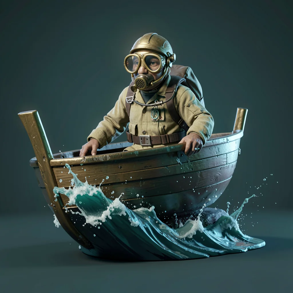 painterly aquatic scene of a wooden hull cutting through a wave