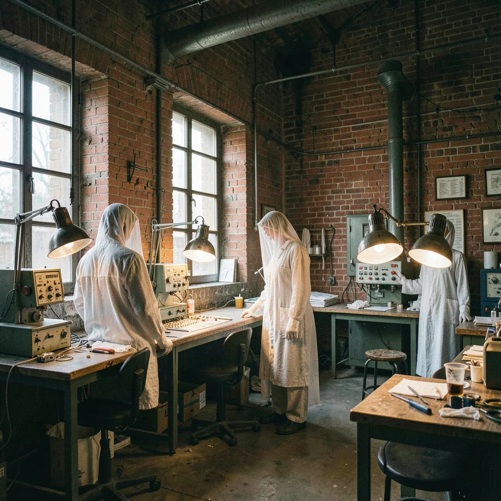 Textile factory ghosts in industrial Łódź, quality control room with vintage ins