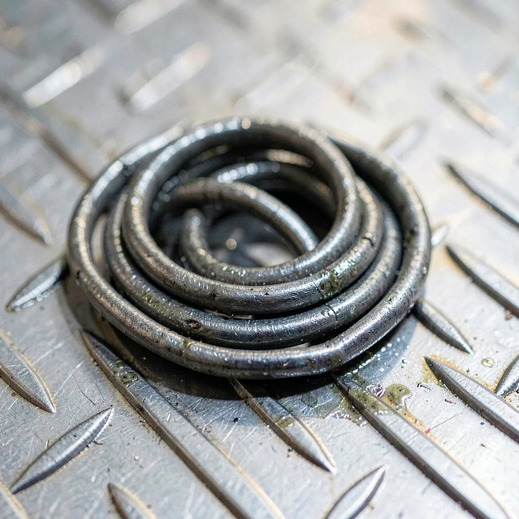 Mineral-cut macro of a coiled tow chain on diamond-plate steel, oily sheen